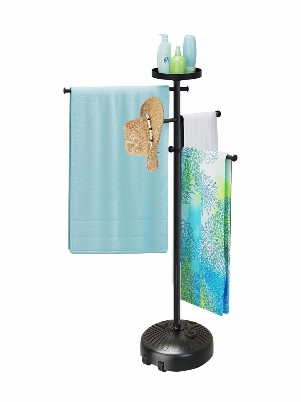 Freestanding 63” Black Multi-Arm Towel Rack  w Built-in Tray & Wheels